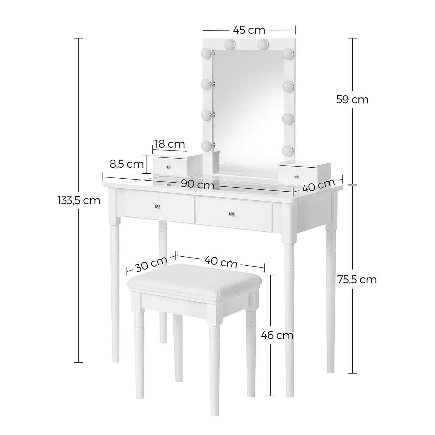 Sminkebord i elegant design med spejl, lys og taburet - Hvid - -