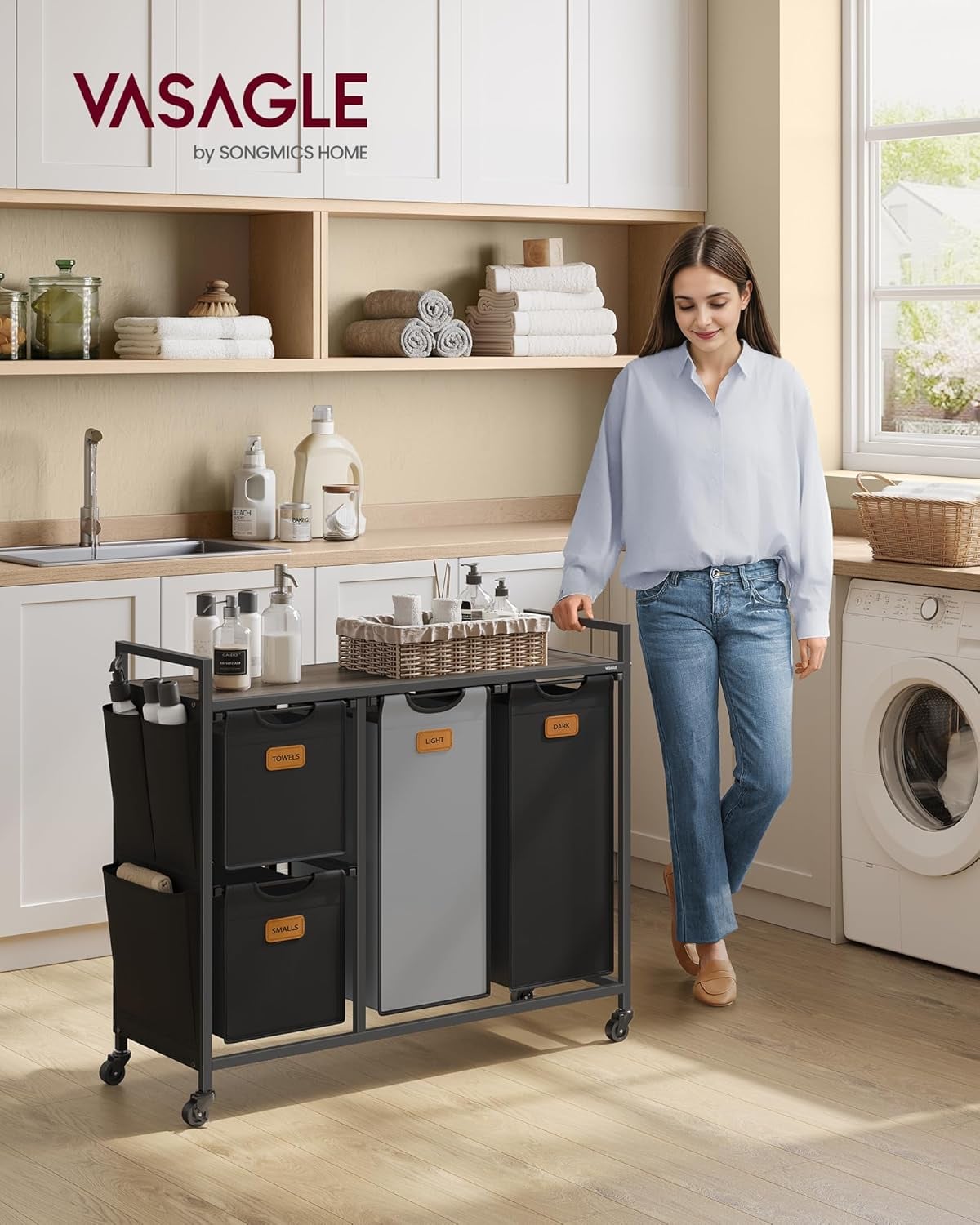 Vasketøjskurv m. 4 rum luksus model - sort/grå