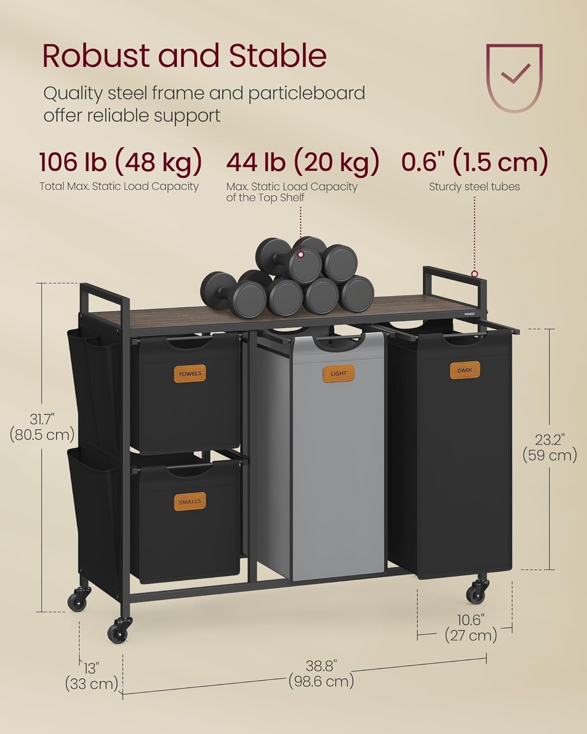Vasketøjskurv m. 4 rum luksus model - sort/grå