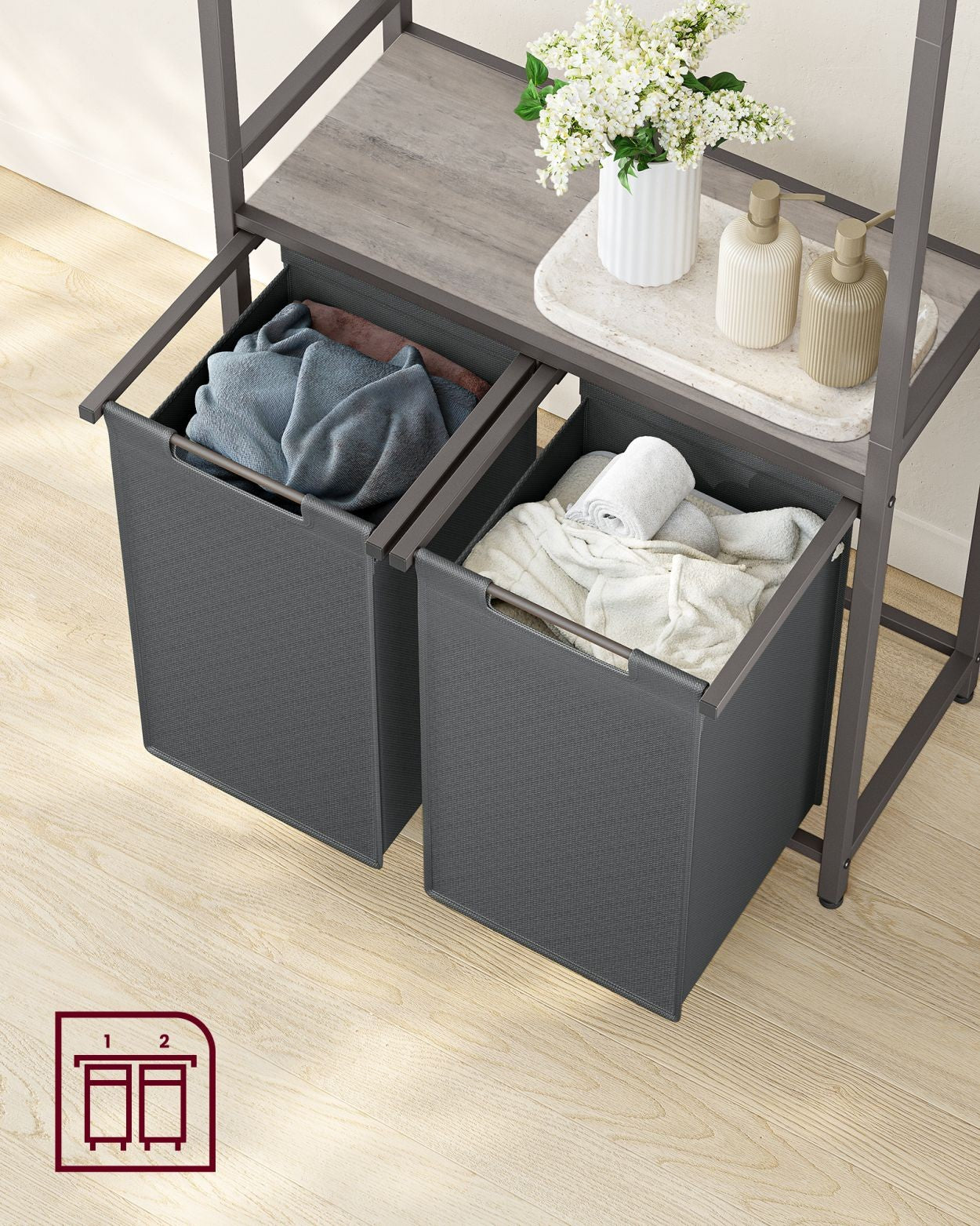 Vasketøjskurv med to rum og bøjlestang - Laundry baskets -