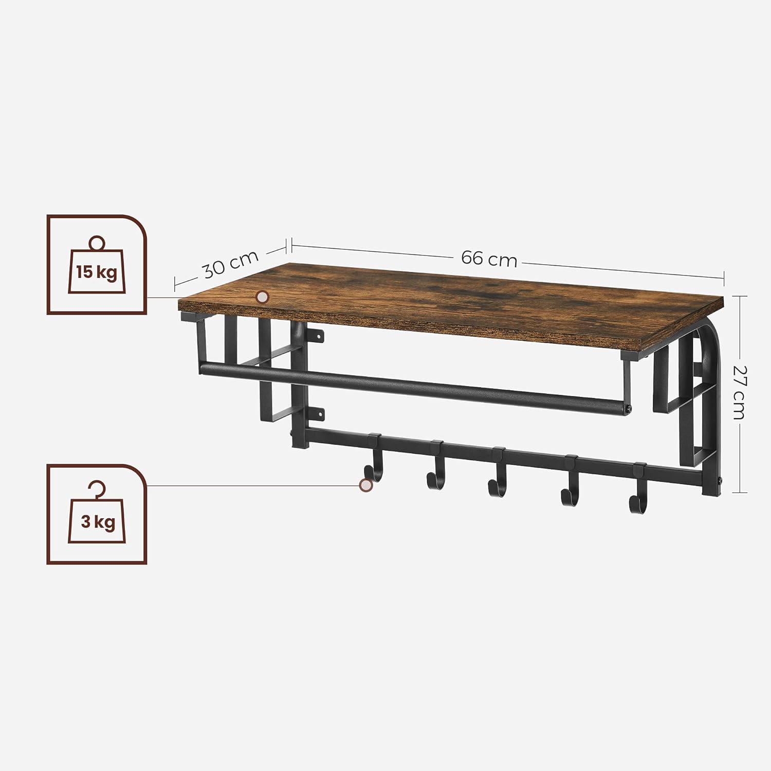 Hylde med garderobestang og knager - 66 cm