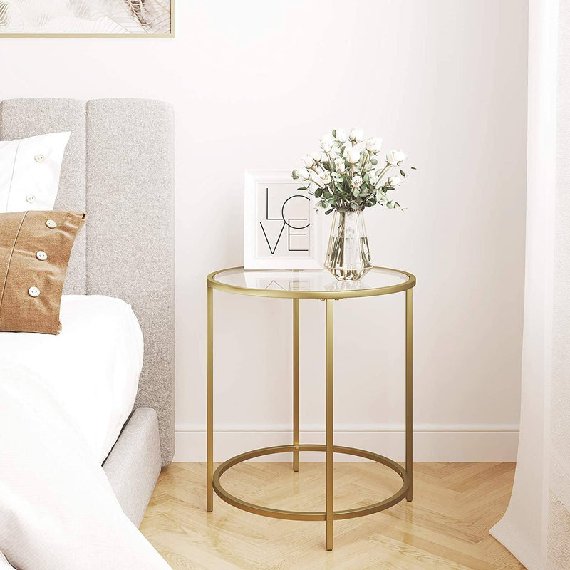 Sidebord i rundt design m. guldramme og glasplade