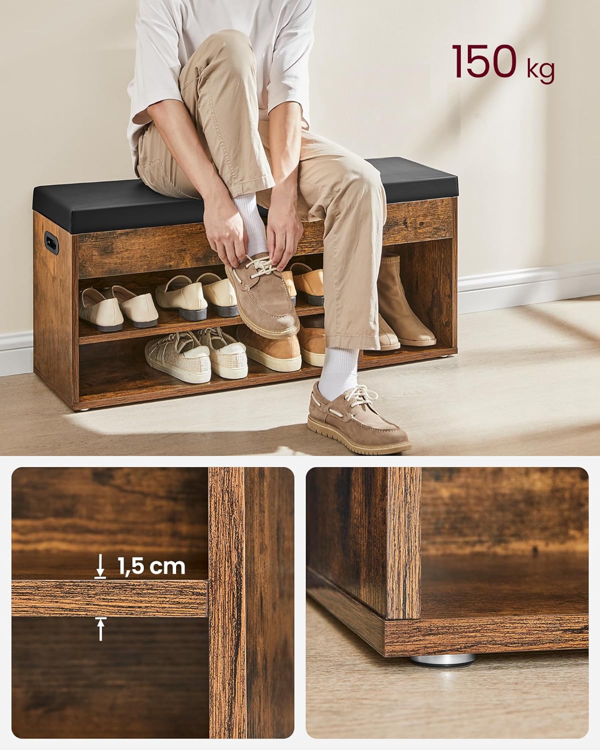 Juskys Shoe rack with hinged lid and padded seat, 60 x 30 x 44 cm Juskys Shoe rack with hinged lid and padded seat, 60 x 30 x 44 cm
