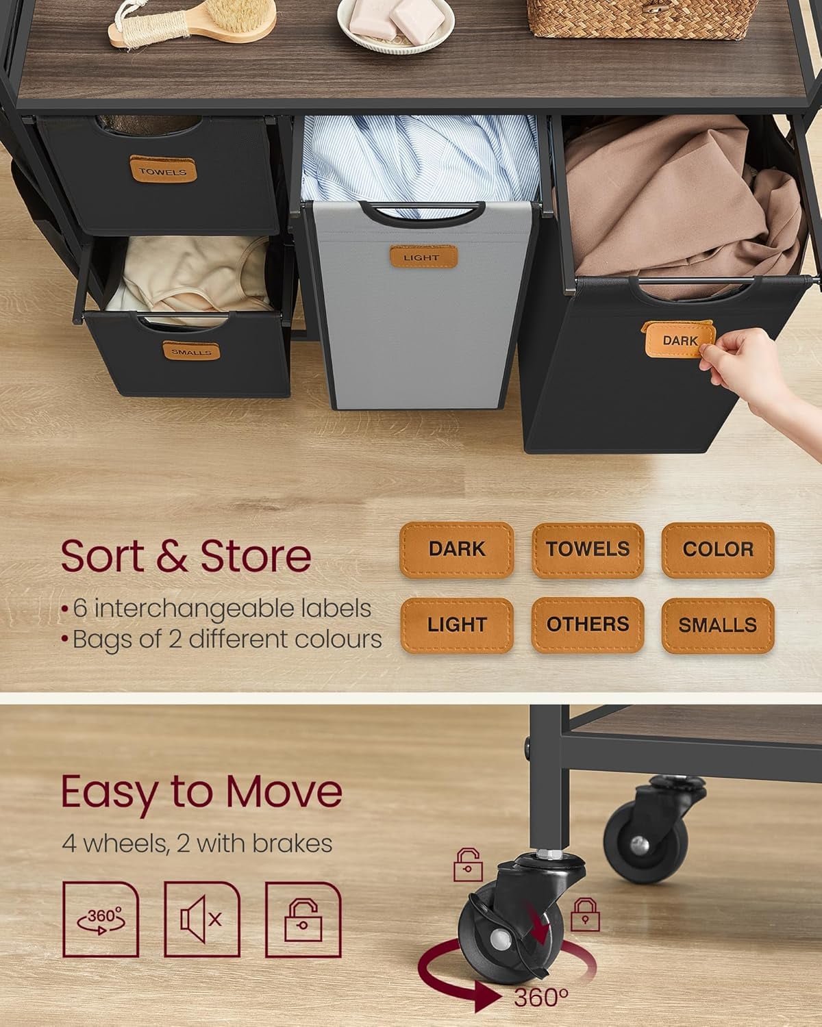 Vasketøjskurv m. 4 rum luksus model - sort/grå