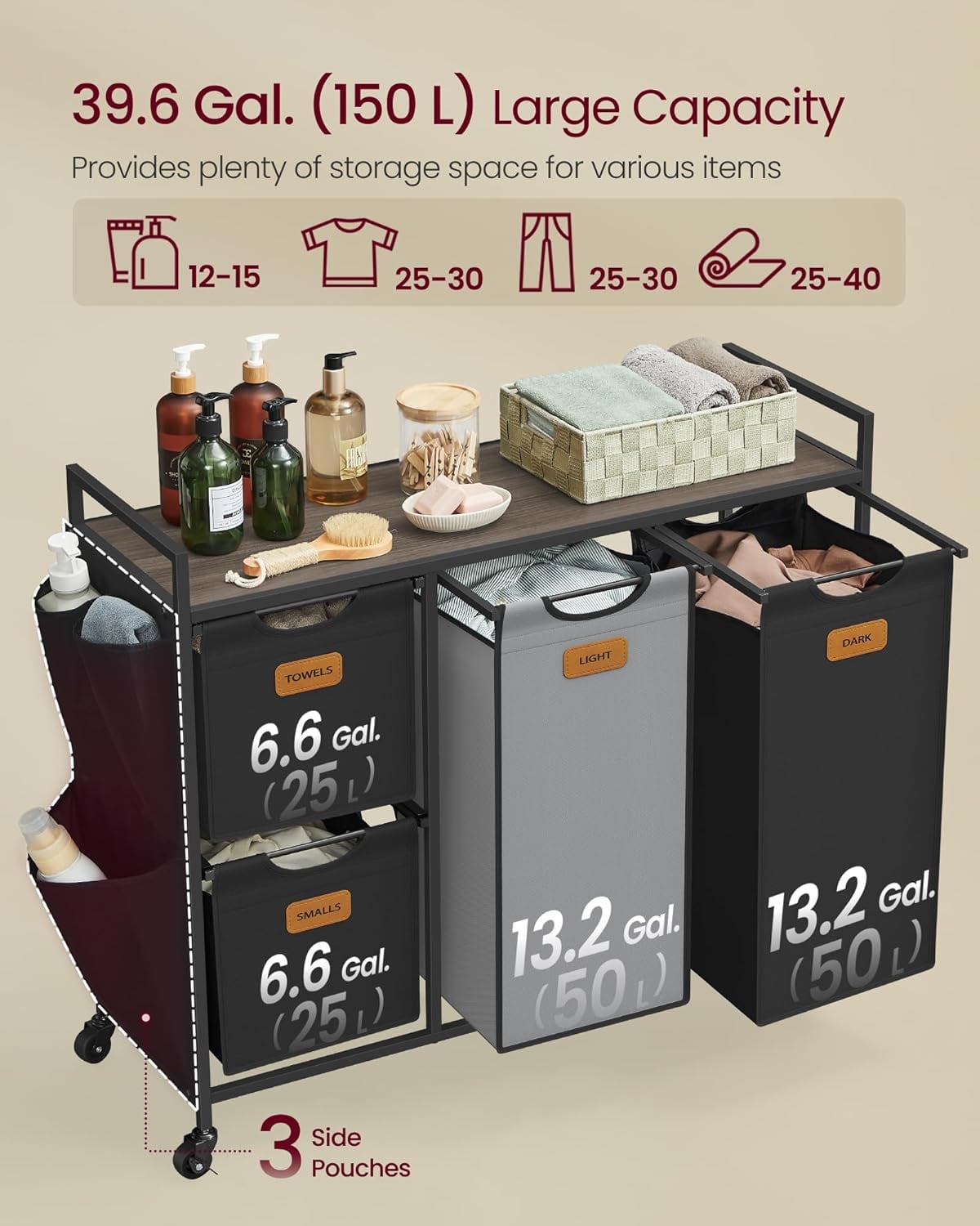 Vasketøjskurv m. 4 rum luksus model - sort/grå